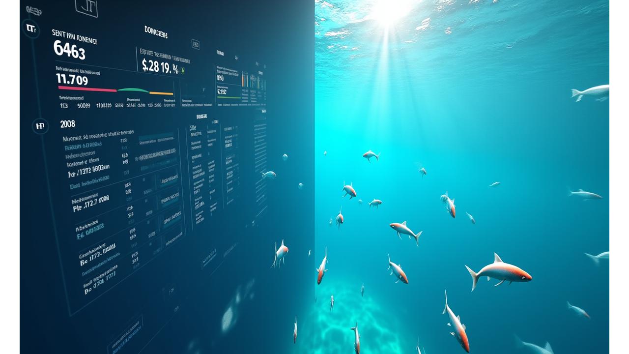 スマート養殖場のリアルタイム監視ダッシュボードと養殖中の魚群の俯瞰図