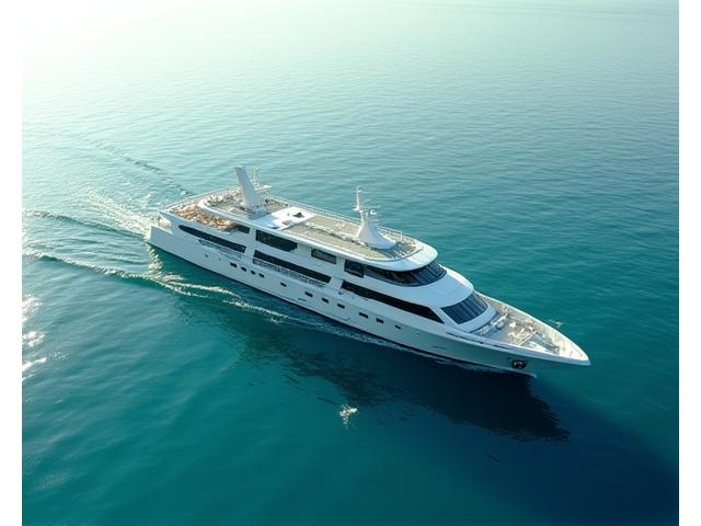 太陽光と風力を活用した無人自律型船舶が穏やかな海を航行。環境に配慮した設計が強調されている。