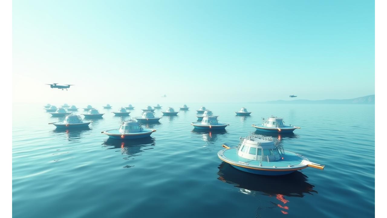 多様な無人自律型海洋観測機器（水上ドローン、水中ロボット、航空ドローン）が連携して海洋を観測している様子。青と緑の色調が基調となり、先端技術と持続可能性を表現。