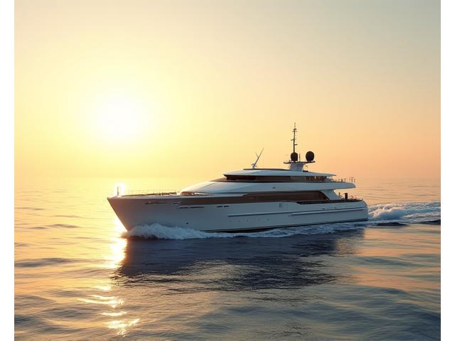 広大な海を長期航行する無人自律型調査船。洗練されたデザインで、船体にはソーラーパネルが見える。