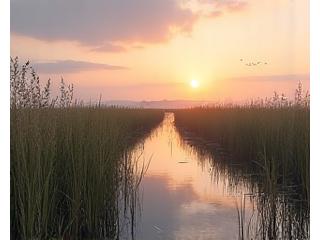 夕焼けに染まる広大な干潟とヨシ原。野鳥が飛び交い、豊かな生態系が息づく静かな風景。