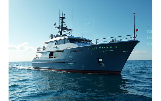 漁船に設置されたIoTセンサーとダッシュボードの想像図