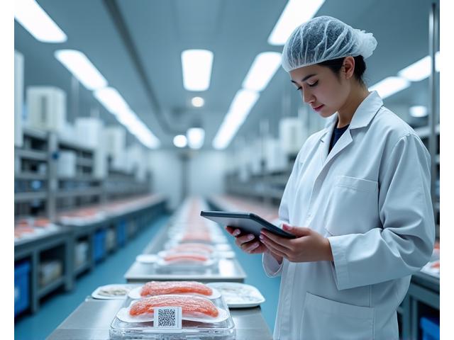 水産加工場でタブレットを使用してトレーサビリティを確認する従業員