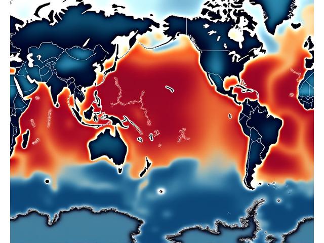 地球温暖化を示す赤と青のグラデーションの海洋温度マップ。海面上昇を示す沿岸部の浸水シミュレーションも描かれている。