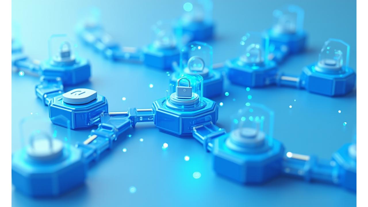 ブロックチェーン技術の仕組みを示すインフォグラフィック。分散型台帳、ハッシュ化されたブロック、ノード間の接続が視覚的に表現されている。