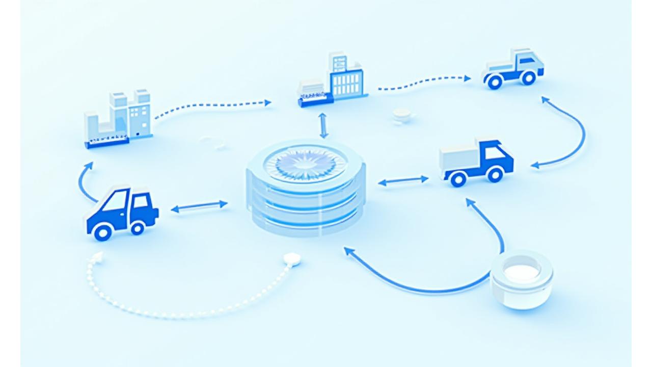 水産物のサプライチェーンの各段階（漁獲、加工、流通、販売）をブロックで表現し、各ブロックが矢印で接続され、ブロックチェーンのシンボルが全体を覆うように配置されたインフォグラフィック。